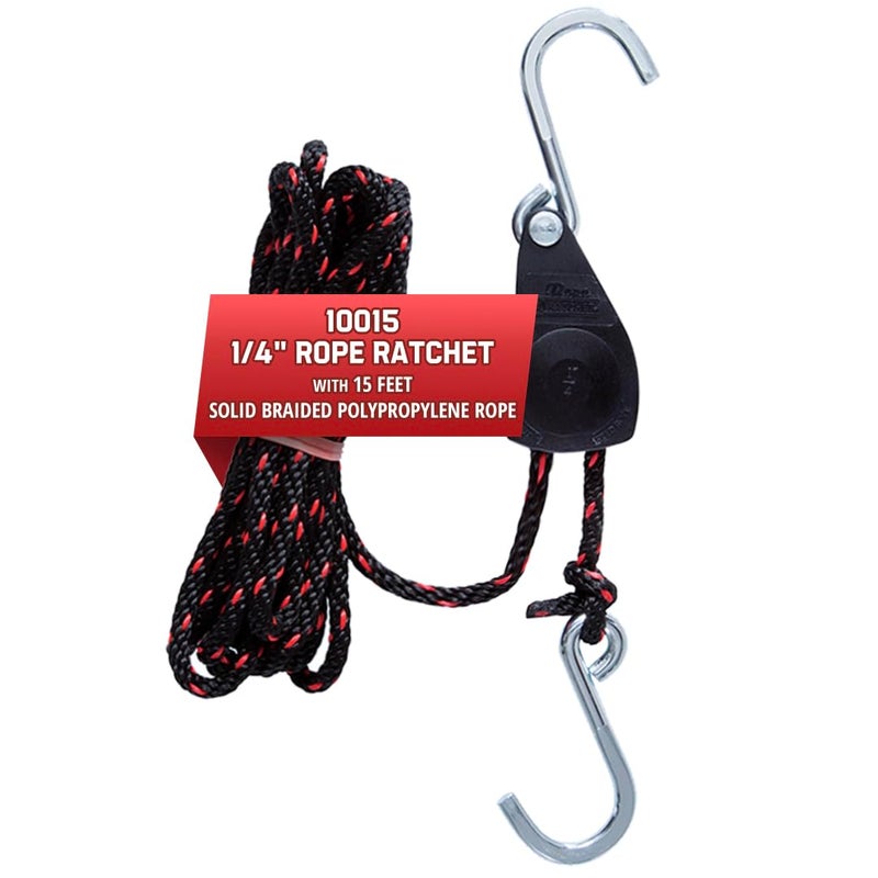 Rope Ratchet 1/4" Adjustable Pulley System â€“ 150 lb Capacity Heavy-Duty 15' Braided Polypropylene Rope, Locking Rope Hanger, Grow Lights, Tarp Tie Downs, Kayak Straps, Plant Pulleys, Tent Tie Downs - Image 1